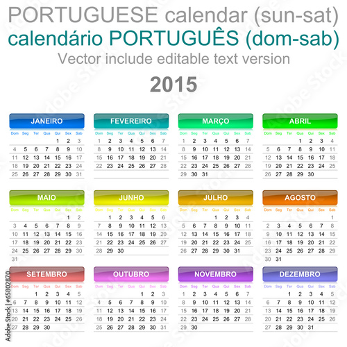 2015 Calendar Portuguese Language Version Sun – Sat