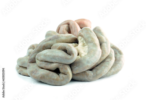 Chitterlings Boiled on white background photo