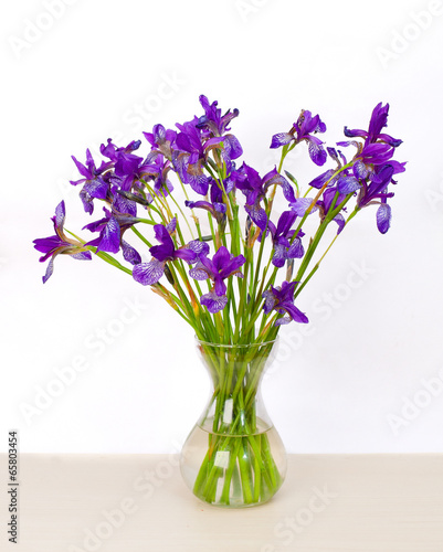 Beautiful bouquet of iris flower in vase on table on white backg