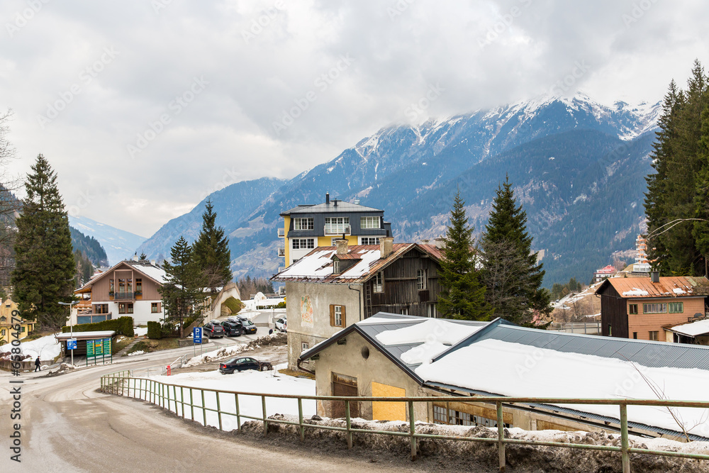 Hotel in ski resort Bad Gastein in winter snowy mountains
