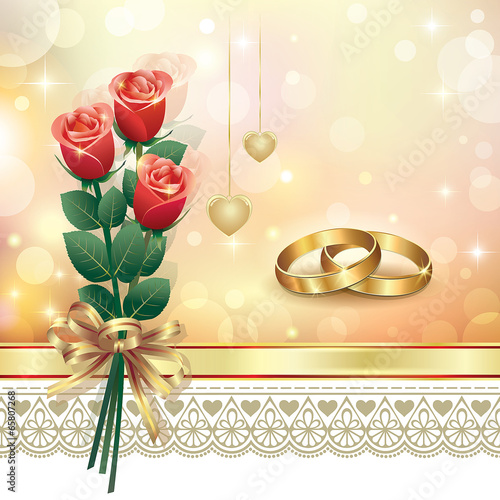 romantic card with roses on wedding day