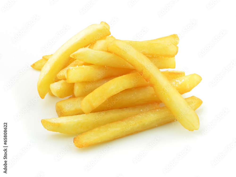a pile of appetizing french fries on a white background a pile of appetizing french fries on a white background