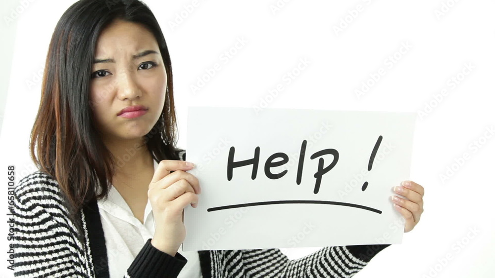 asian girl isolated on white worried with help sign asian girl isolated on white worried with help sign