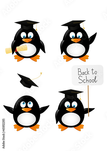 Set of cartoon student penguins