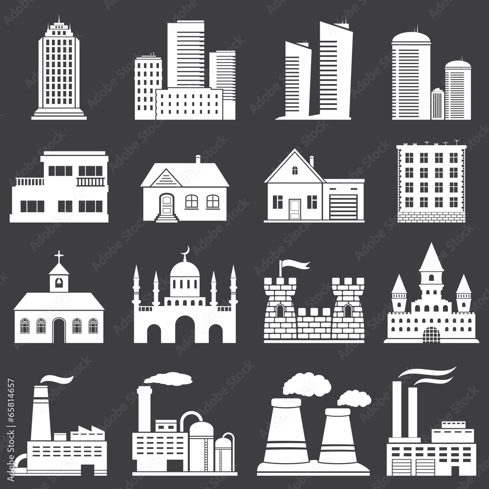 Buildings vector white web icons set on dark background