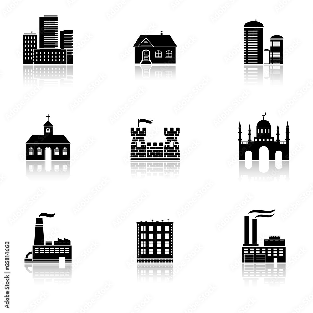 Various buildings icons with reflection
