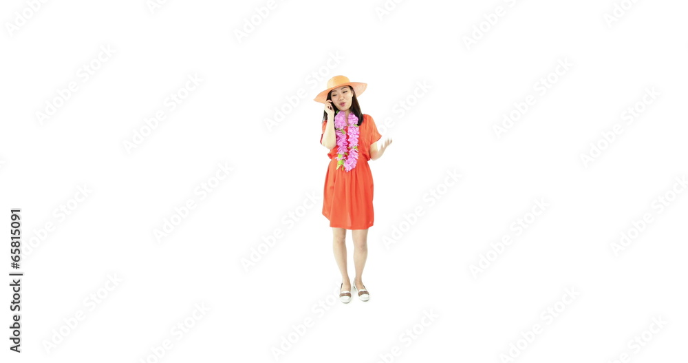 asian girl orange sundress isolated on white talking phone asian girl orange sundress isolated on white talking phone