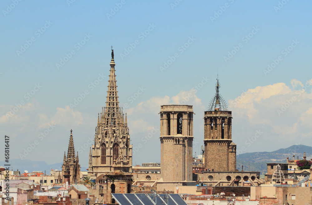 Gothic spikes and towers of temples. Barcelona, Spain