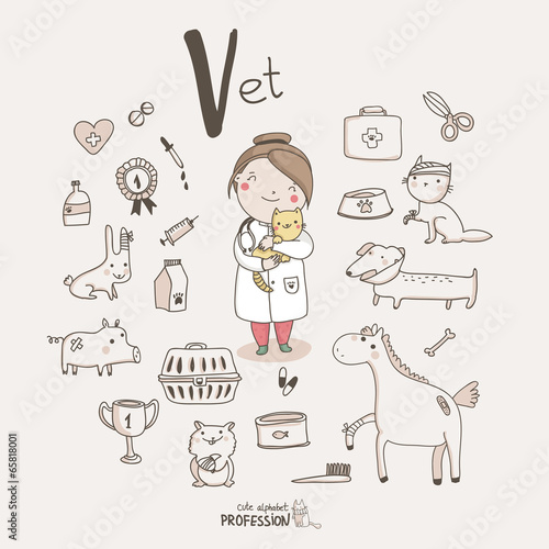 Cute vector alphabet Profession. Letter V - Vet