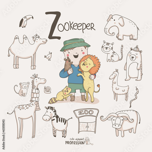 Cute vector alphabet Profession. Letter Z - Zookeeper