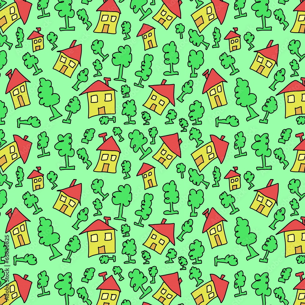 Seamless pattern with abstract doodle house and tree