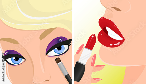 Make-up twice illustration, red lipstick and violet eye shadow