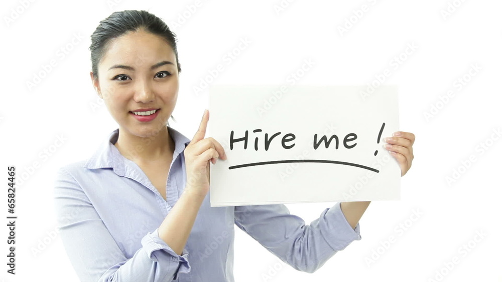 asian business woman isolated on white with hire me sign asian business woman isolated on white with hire me sign