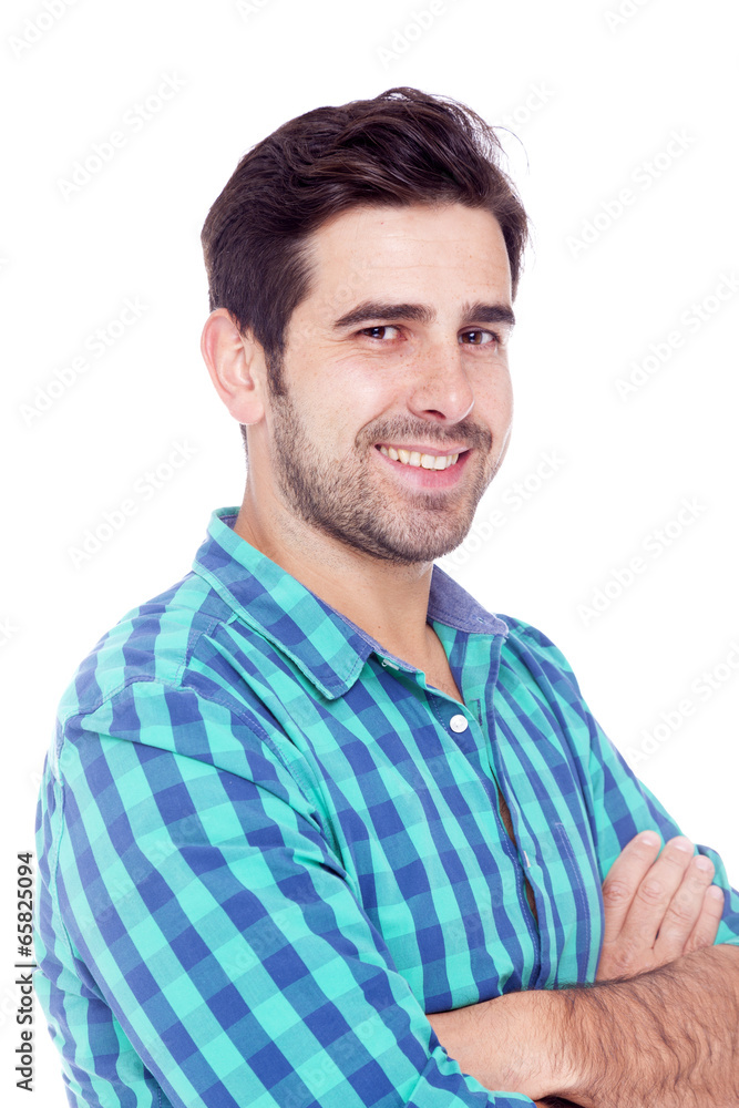 Portrait of a casual latin man smiling, isolated over a white ba Portrait of a casual latin man smiling, isolated over a white ba