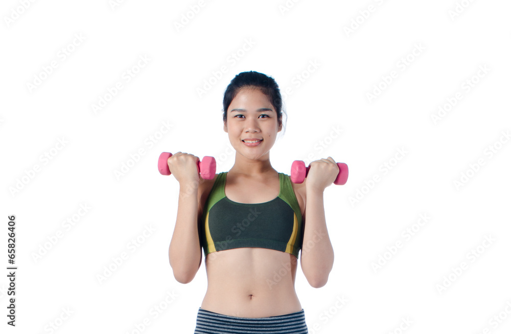 Sexy young and healthy woman exercise with pink dumbbell Sexy young and healthy woman exercise with pink dumbbell