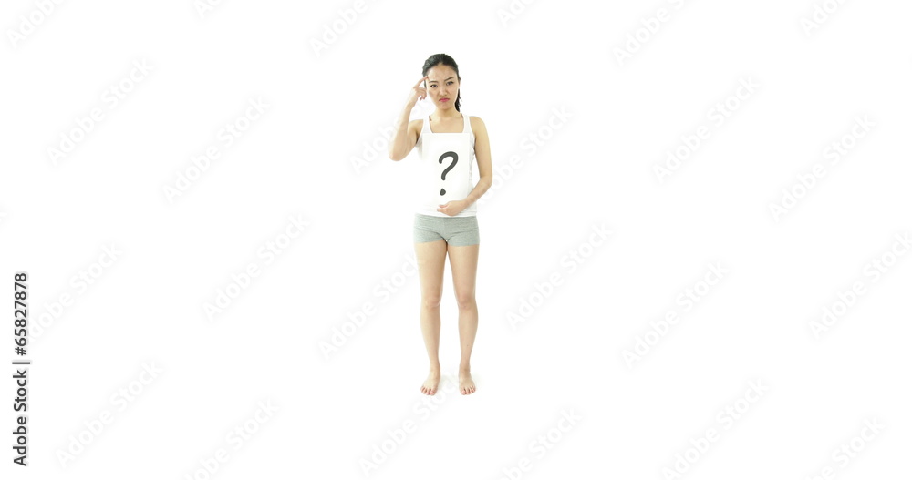 sport girl isolated on white confused the question mark sign sport girl isolated on white confused the question mark sign
