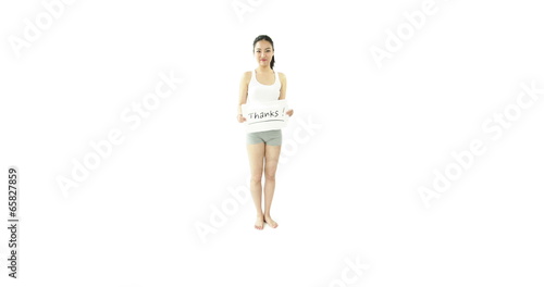 sport girl isolated on white gratefull with thanks sign photo