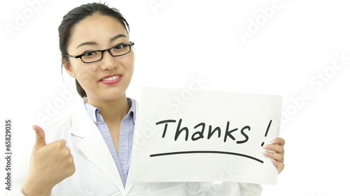 scientist doctor isolated on white gratefull with thanks sign photo