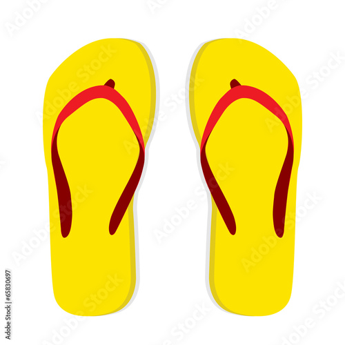 Yellow flip flop with red striped on white