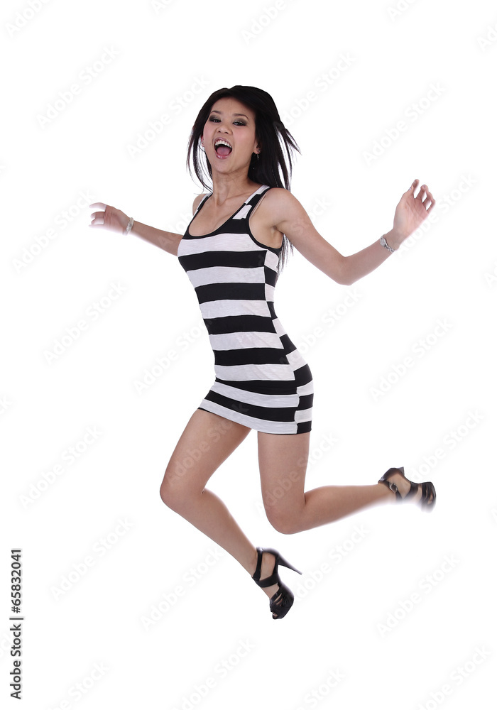 Young Asian American Woman Jumping Dress Joy