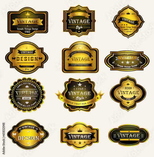Glossy black gold vintage and retro badges design with sample te