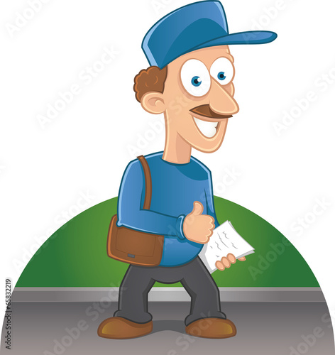 Cartoon happy postman with a mustache holding letters