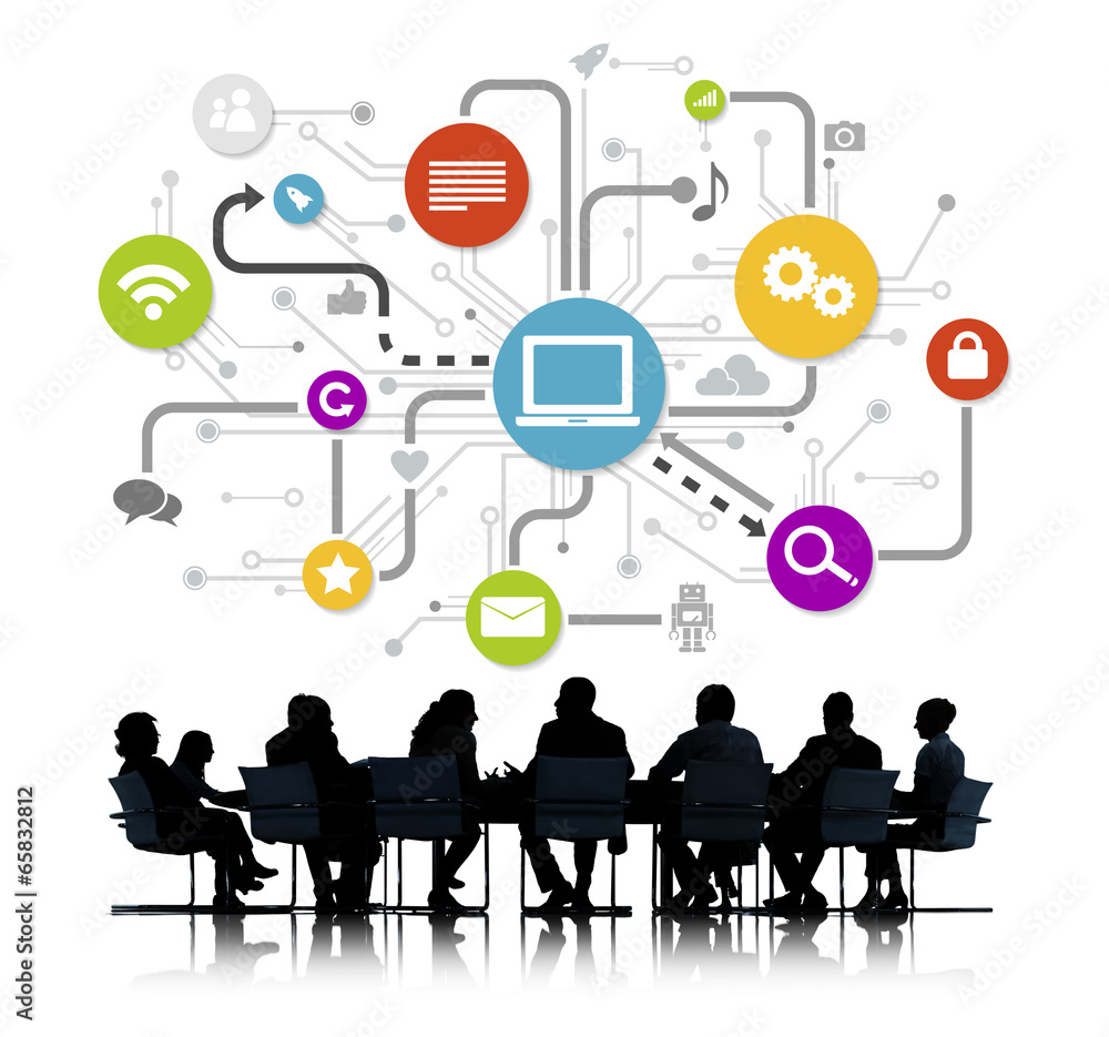 Group Of Business People Working And Global Networking Symbols Group Of Business People Working And Global Networking Symbols