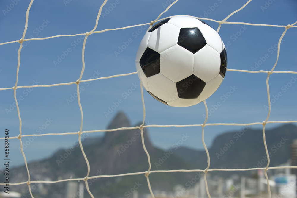 Naklejka premium Soccer Goal Ball in Football Net Rio de Janeiro Brazil Beach