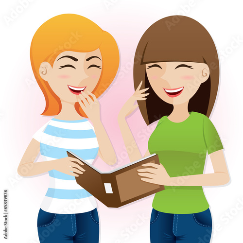 cartoon teenage girls laughing with magazine