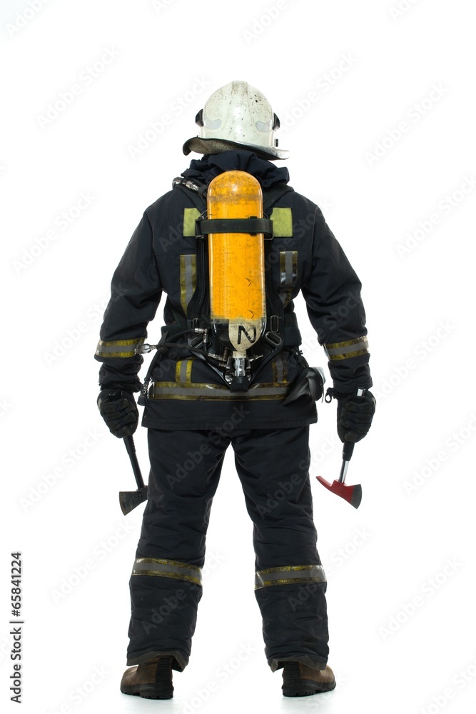 Firefighter with axe and oxygen balloon isolated on white Firefighter with axe and oxygen balloon isolated on white