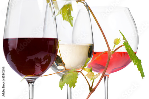 Three glasses of wine isolated on white. Closeup image
