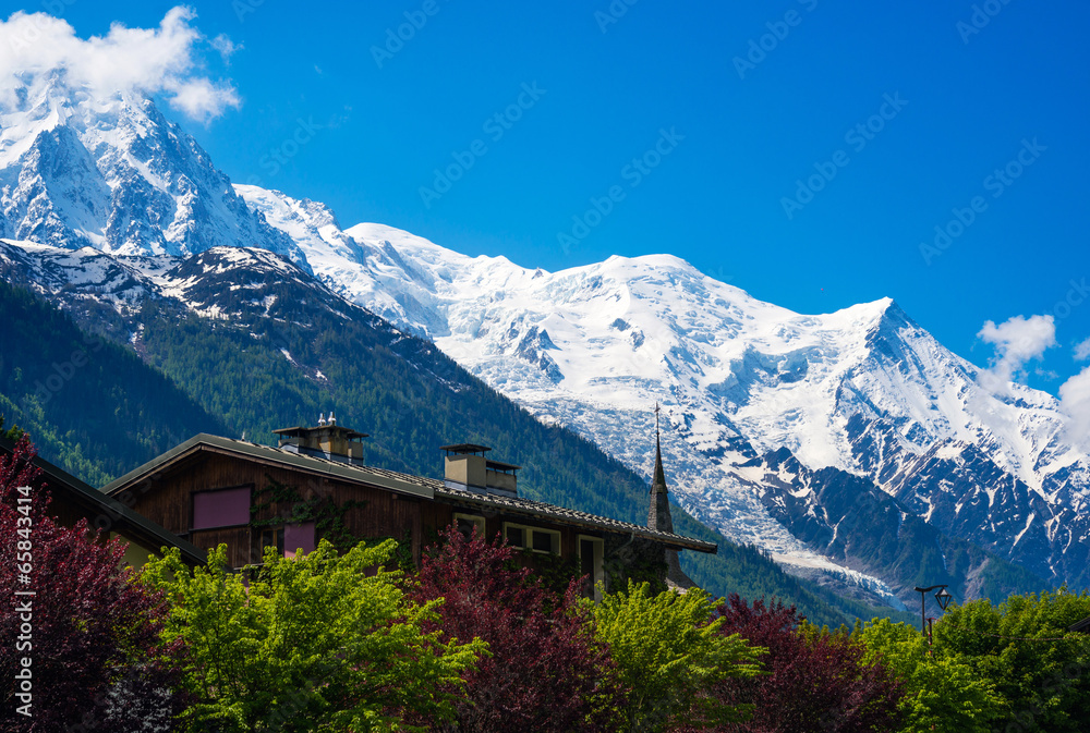 View of Mont Blanc Mountain Massif from Les Praz de Chamonix,