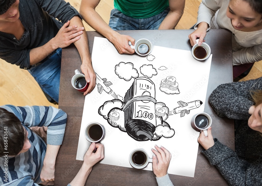 Fototapeta premium Composite image of people sitting around table drinking coffee