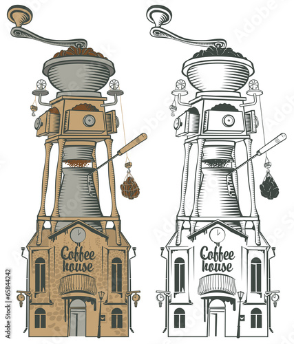 retro coffee house and grinder with roof