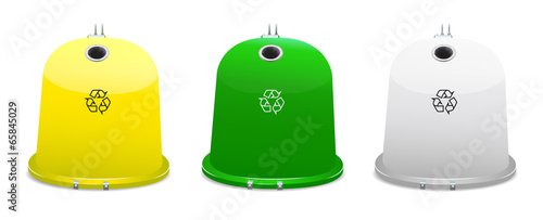 Yellow, white and green recycle bins on white background.