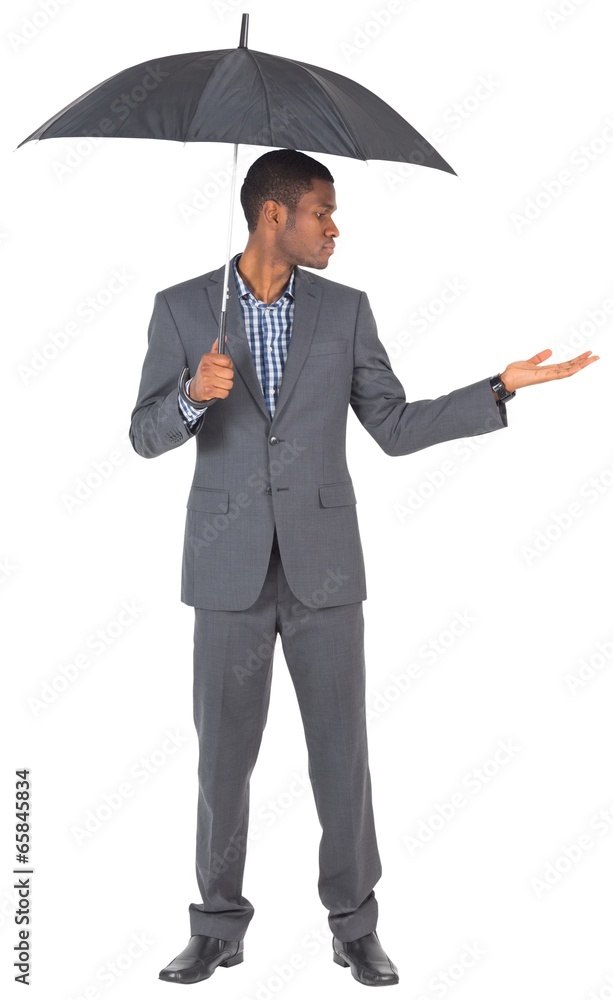 Businessman standing under umbrella Businessman standing under umbrella