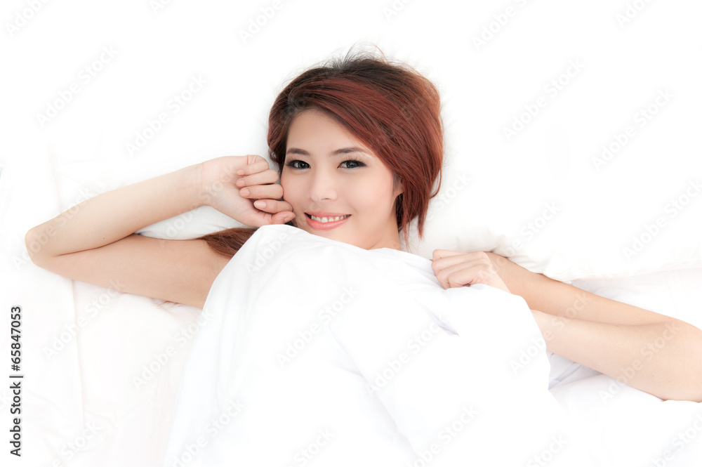 Happy dream, smiling face asian woman just wake up on bed Happy dream, smiling face asian woman just wake up on bed