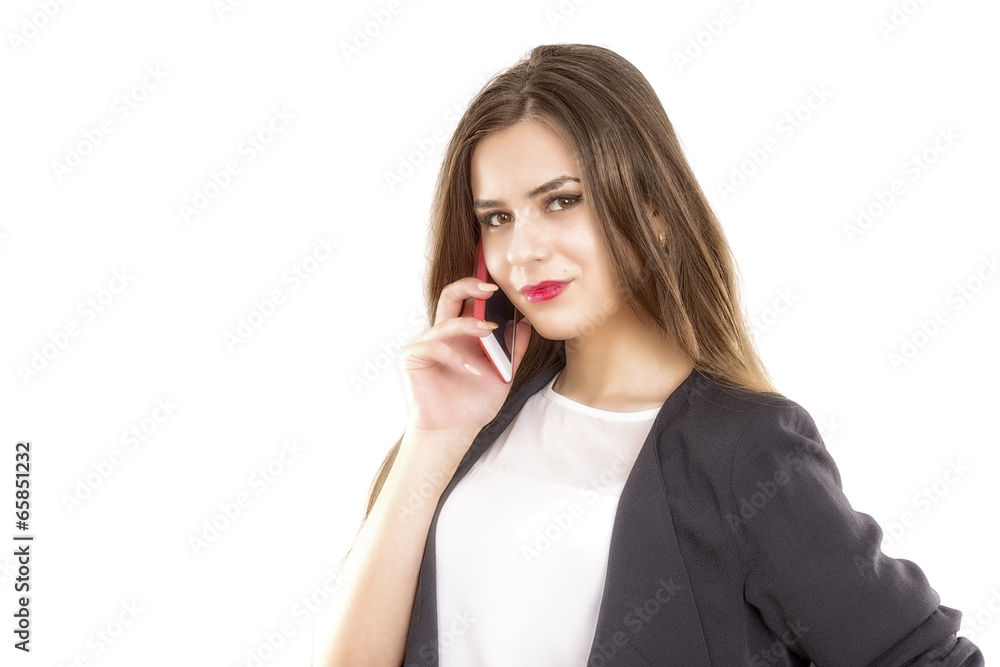 Business woman talking at phone, isolated over a white backgroun Business woman talking at phone, isolated over a white backgroun
