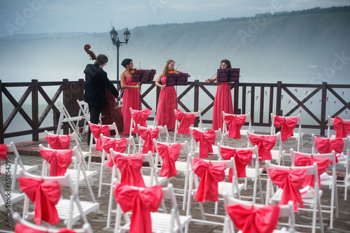Quartet of classical musicians playing at a wedding
