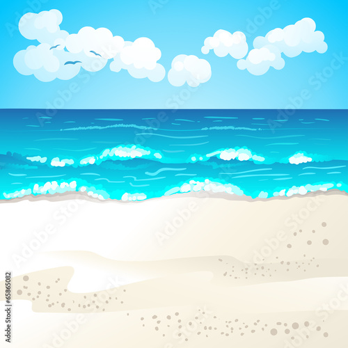 Summer beach with cartoon starfish and umbrella © Merlinul