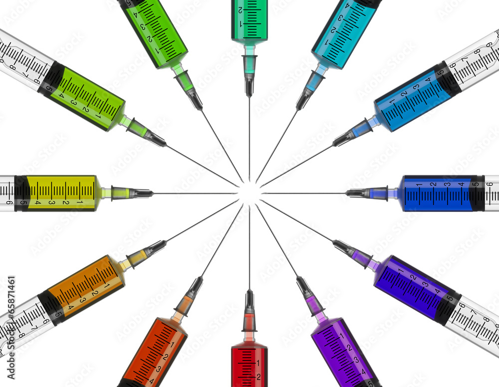 syringes in a circle with colored liquid syringes in a circle with colored liquid