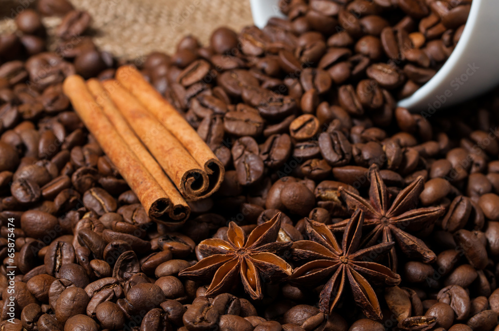Fototapeta Coffee beans, cinnamon and aniseed in coffee cup