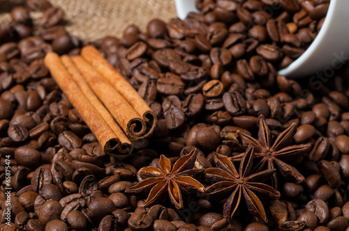 Coffee beans, cinnamon and aniseed in coffee cup