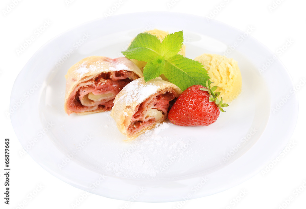 Tasty homemade strudel with ice-cream, fresh strawberry and Tasty homemade strudel with ice-cream, fresh strawberry and