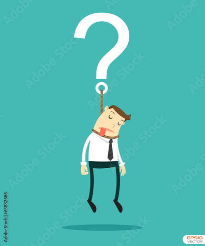 Businessman hanging on question