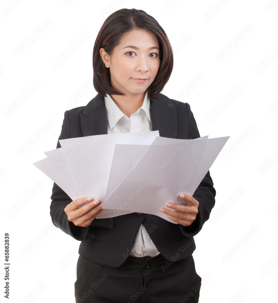 Portrait of smiling business woman with blank paper, isolated