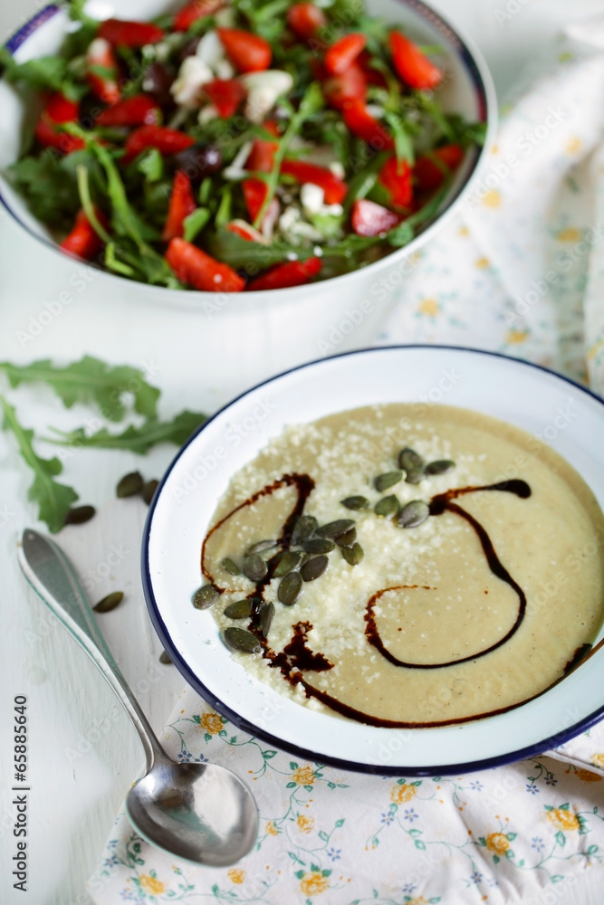 Chickpea eggplant creamy soup with pumpkin seeds and parmesan