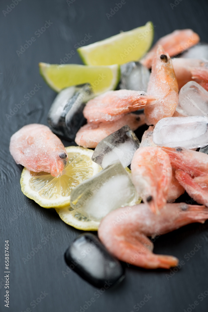 Close-up of raw frozen shrimps on ice cubes, vertical shot Close-up of raw frozen shrimps on ice cubes, vertical shot
