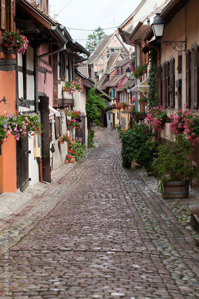 Fototapeta premium Ulica ze średniowiecznymi domami z muru pruskiego w Eguisheim