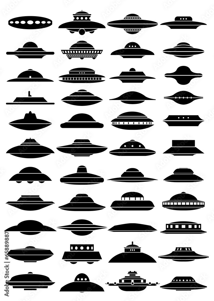 Vettoriale Stock Vintage UFO Flying Saucer Shapes Silhouettes | Adobe Stock